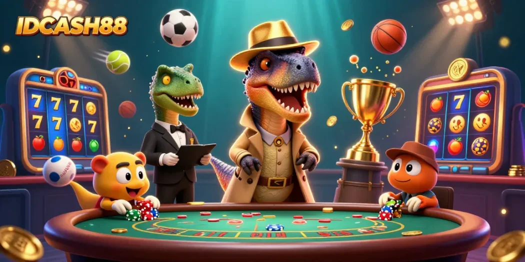 Experience the thrilling world of IDCASH88 as a velociraptor card counter blends into a vibrant casino scene.
