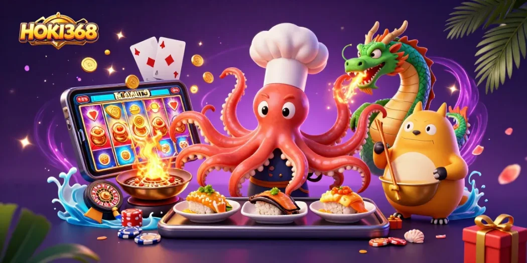 Spin the reels with HOKI368, where the sushi chef, dragon, and tanuki celebrate winning slots!
