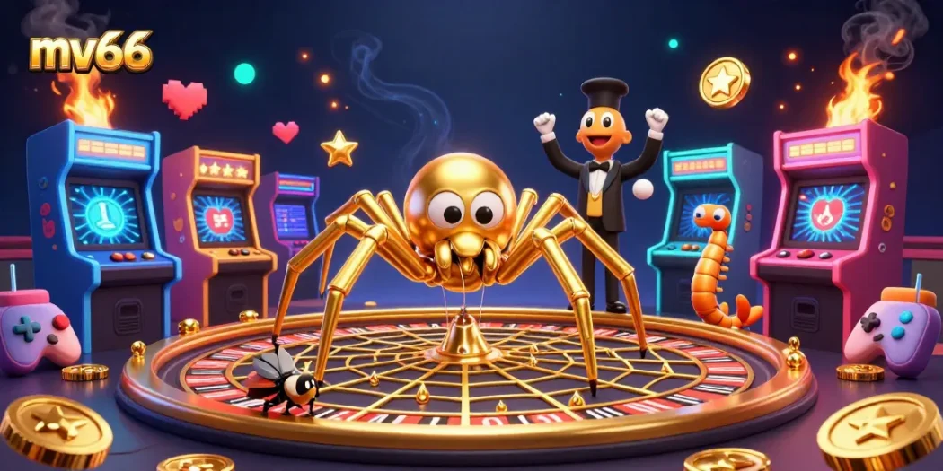 Place bets nervously at mv66's roulette wheel spun by a golden spider in this vibrant casino scene.