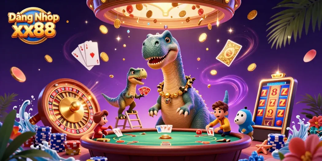 Experience the thrill of Đăng Nhập xx88 with a vibrant casino scene featuring dynamic characters and games.