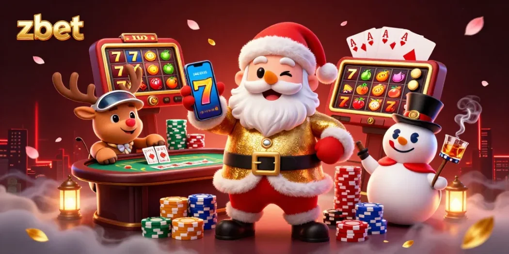 Experience zbet's festive gaming with Santa, his reindeer, and a poker chip snowman.