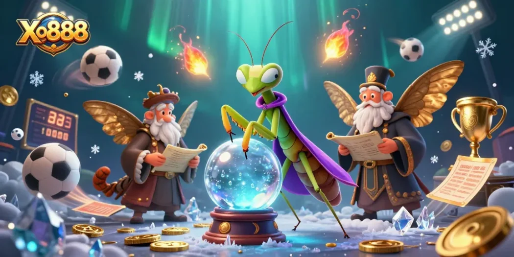 Xo888 showcases an engaging and vibrant fantasy gambling scene with cartoon characters and sports elements.