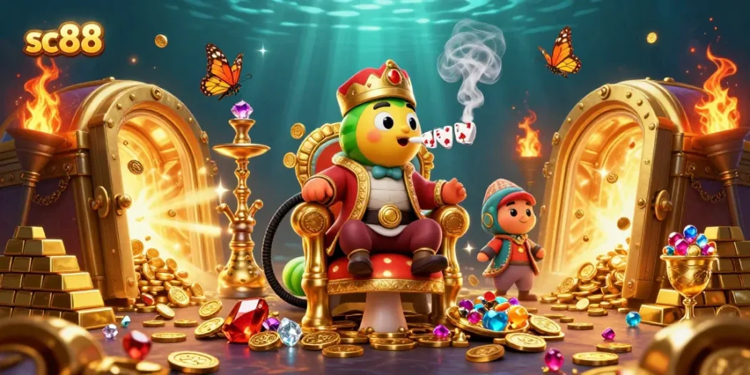 Experience the excitement of sc88 with a 3D illustration featuring a caterpillar master and dynamic casino elements.