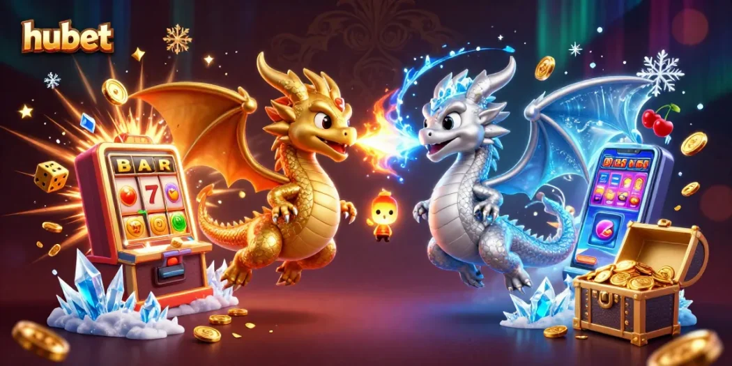 Engage with hubet and witness twin dragons battling fire and ice amidst a jackpot explosion.