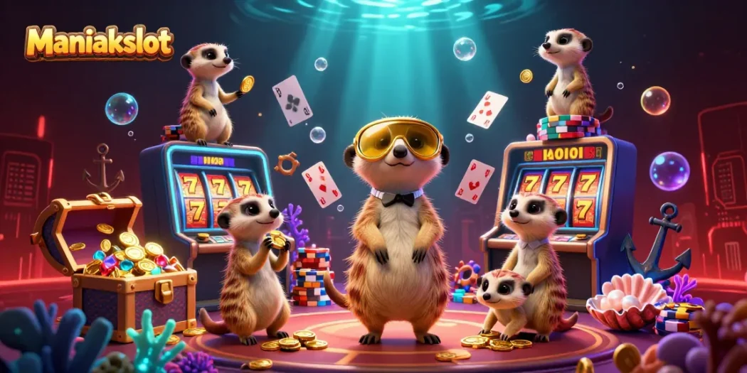 Spin the reels with Maniakslot as meerkats manage a vibrant casino scene bursting with excitement.