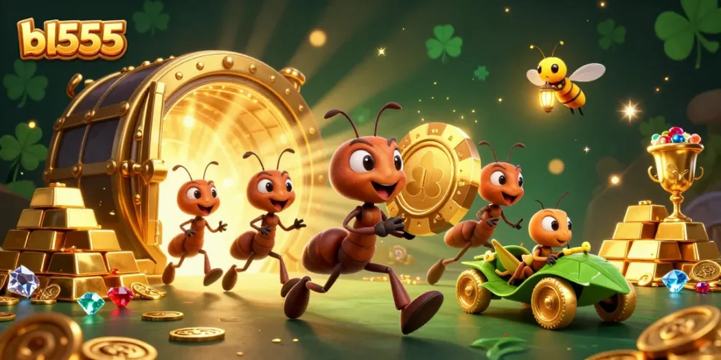 Watch the bl555 ants execute a thrilling heist for a giant poker chip in this vibrant casino-themed illustration.