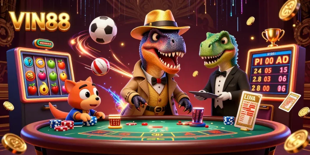 Experience dynamic gameplay with the VIN88 velociraptor at the blackjack table amidst thrilling casino chaos.