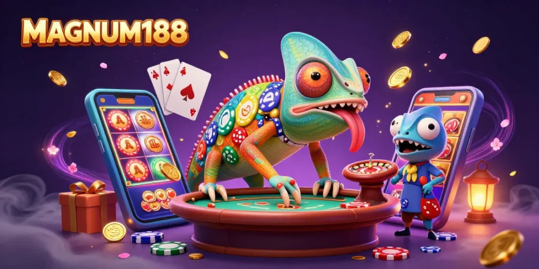 Experience MAGNUM188 with vibrant gaming scenes featuring a dynamic chameleon casino owner.