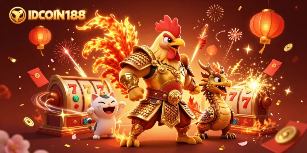 Engage with IDCOIN188, the dynamic scene featuring a rooster warrior and dragon hatchling in a lively gaming environment.