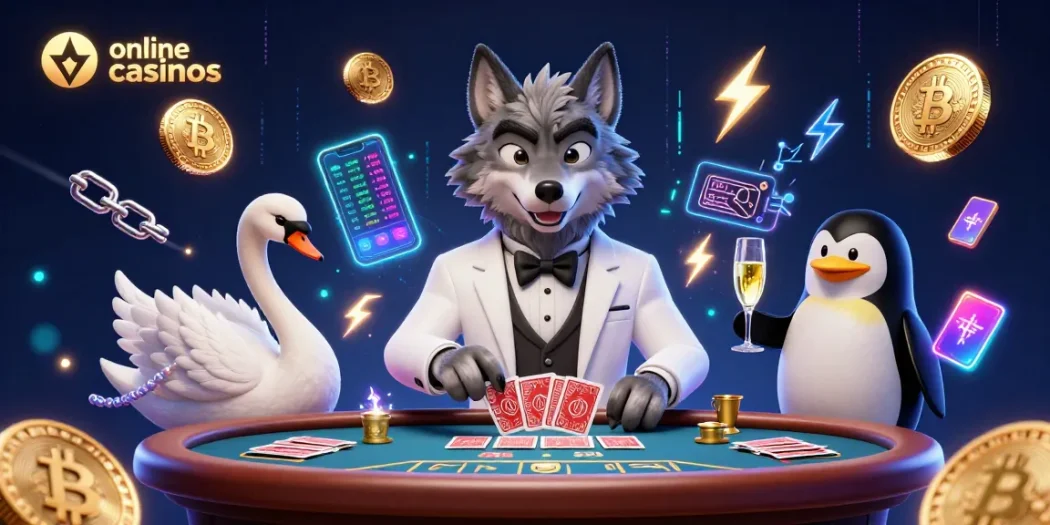 Engaging online casinos scene with a wolf, swan, and penguin in a vibrant crypto casino atmosphere.