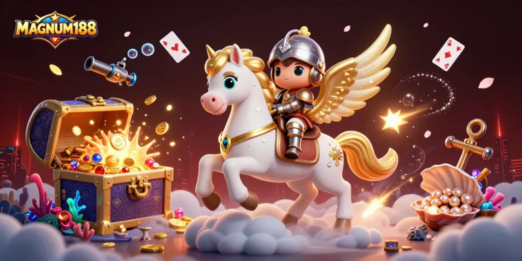 Experience MAGIC with MAGNUM188 - A 3D scene of a celestial horse and knight amidst floating casino treasures.