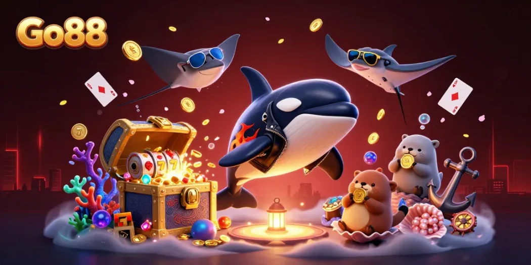 Experience excitement with Go88 as 3D characters celebrate winning underwater treasures and bonuses.