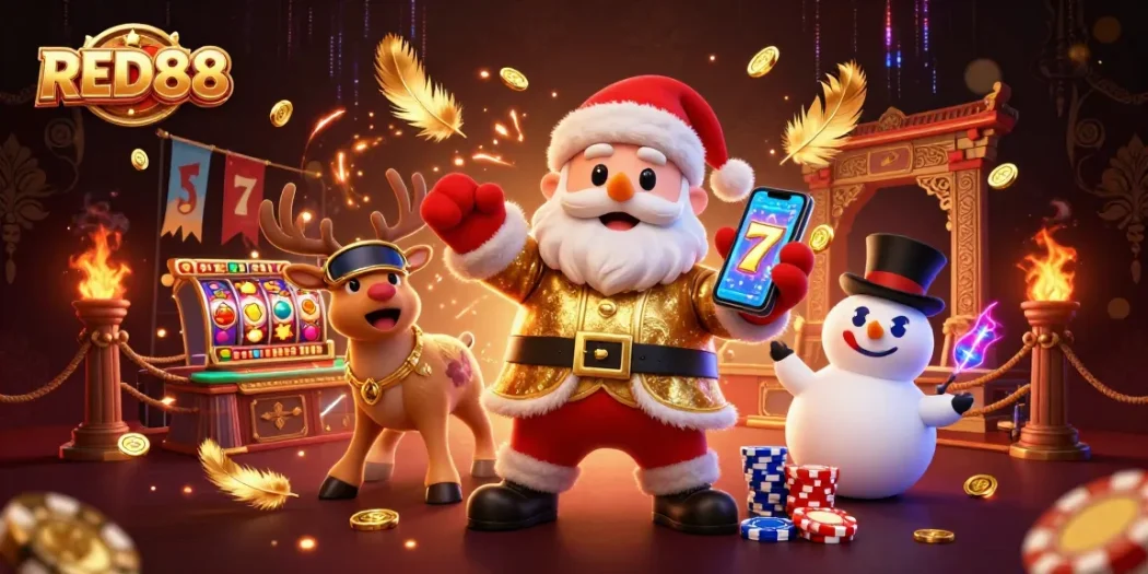Experience winning at RED88 with Santa and friends surrounded by jackpot slots and casino excitement.