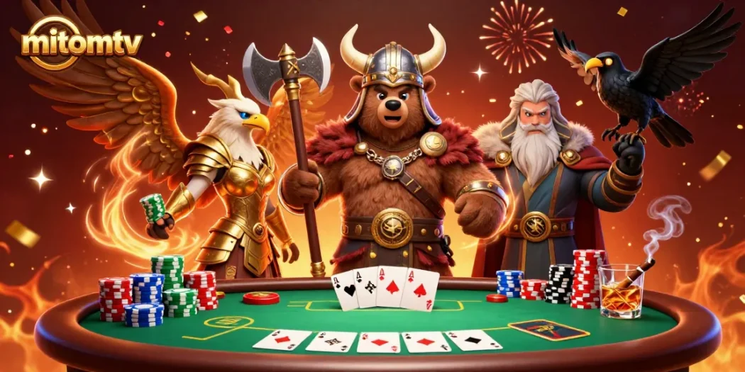 Experience winning moments with mitomtv's vibrant casino scene featuring Viking characters and poker elements.