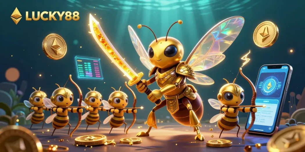 Experience LUCKY88's vibrant 3D casino world filled with dynamic characters, crypto elements, and rich gambling themes.