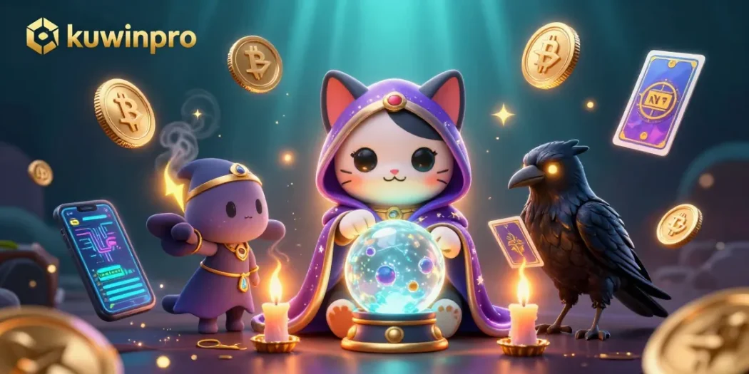 Engage in thrilling games at kuwinpro with a mystical cat, raven, and vibrant crypto elements.