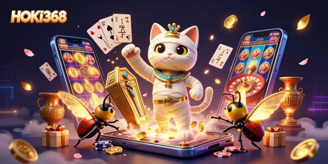 Engage with HOKI368 through this vibrant illustration of a pyramid casino scene featuring a mummy cat and rich gaming elements.